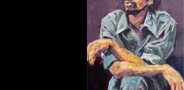 painting by Stephanie Schirm, painting of a man sitting in blue clothes